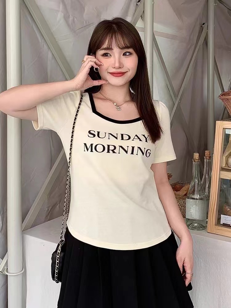 實拍 大碼韓版方領短袖T恤女夏季新款短袖百搭印花寬鬆短款上衣