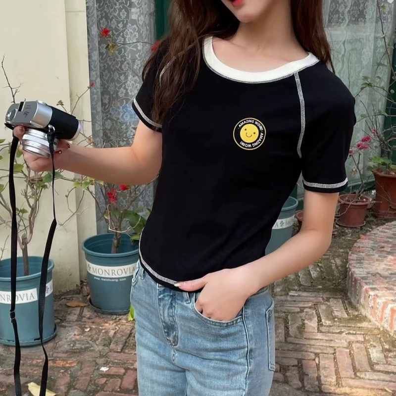 美式正肩刺繡短袖t恤女2024夏季新款修身扎染短袖T恤辣妹短款體桖