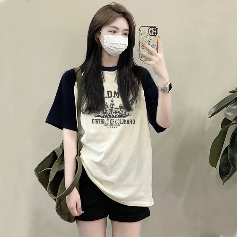 韓系設計感小眾趣味印花拼色短袖t恤女新款時尚休閒顯瘦上衣