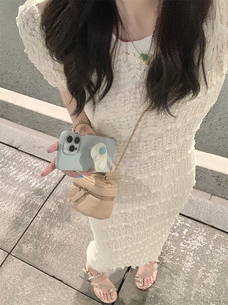 實拍#夏季新款韓版小清新圓領蕾絲鏤空長款修身兩件套連衣裙