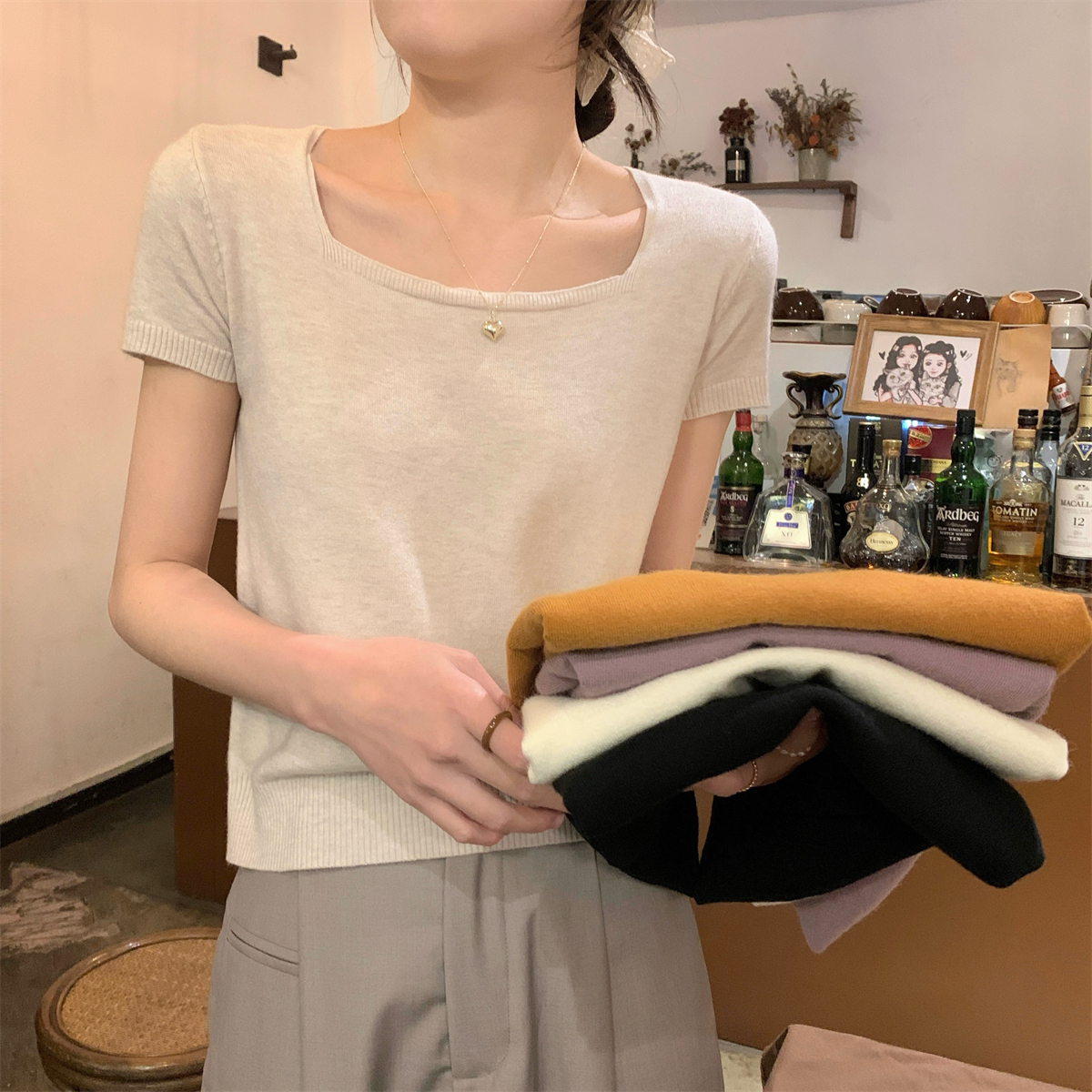 實拍 春夏韓版氣質方領簡約百搭安迪絨針織短袖上衣女