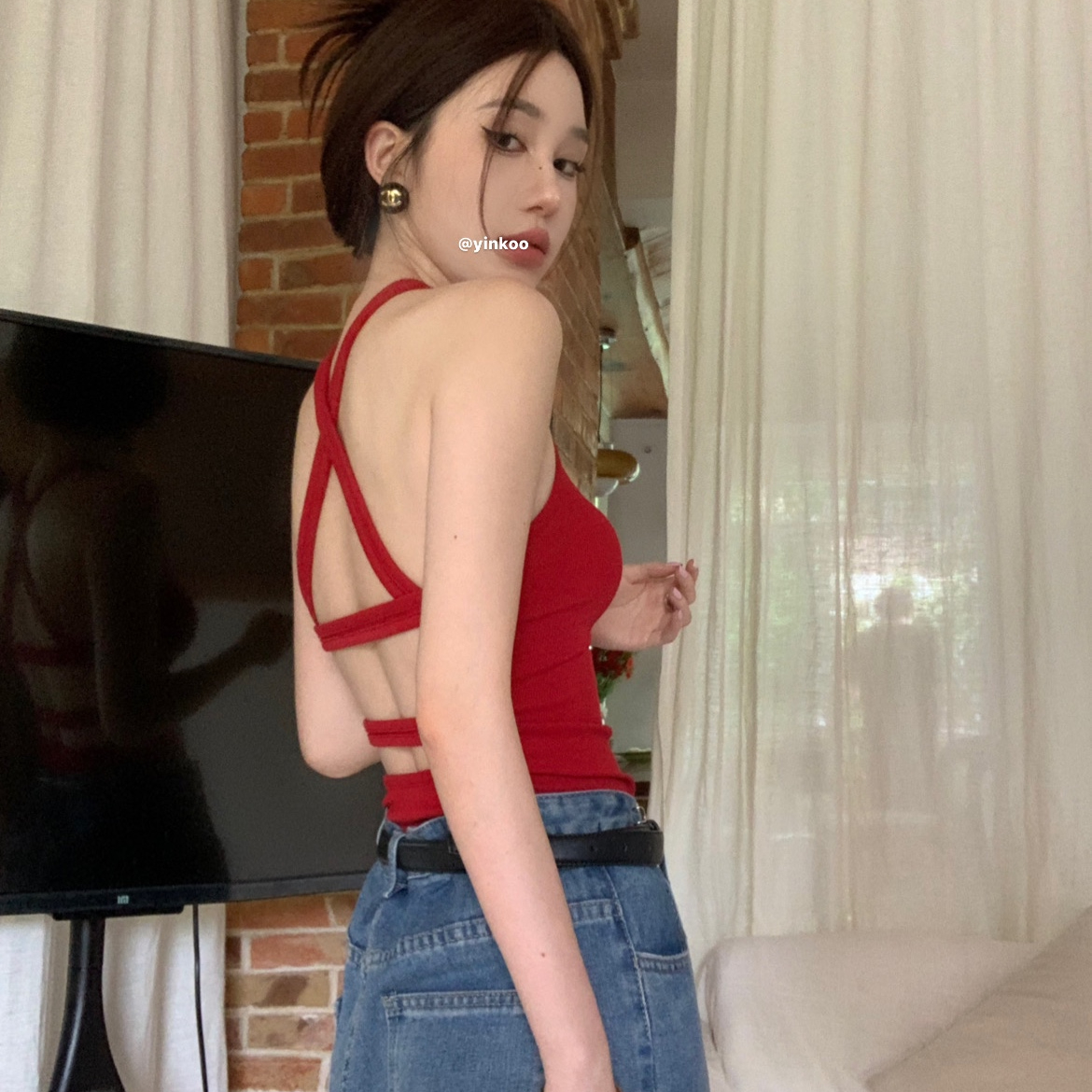 純欲風辣妹吊帶背心女夏季修身顯瘦性感美背露背無袖上衣純色