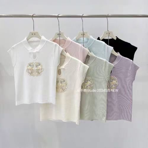 新中式圓領刺繡盤扣鏤空短袖T恤女裝夏季新款修身顯瘦打底衫上衣