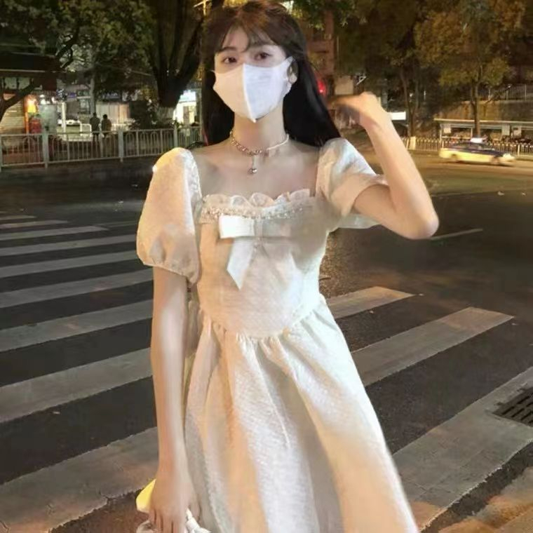 有內里+隱形拉鏈 超火方領連衣裙女夏季氣質蝴蝶結收腰短款公主裙