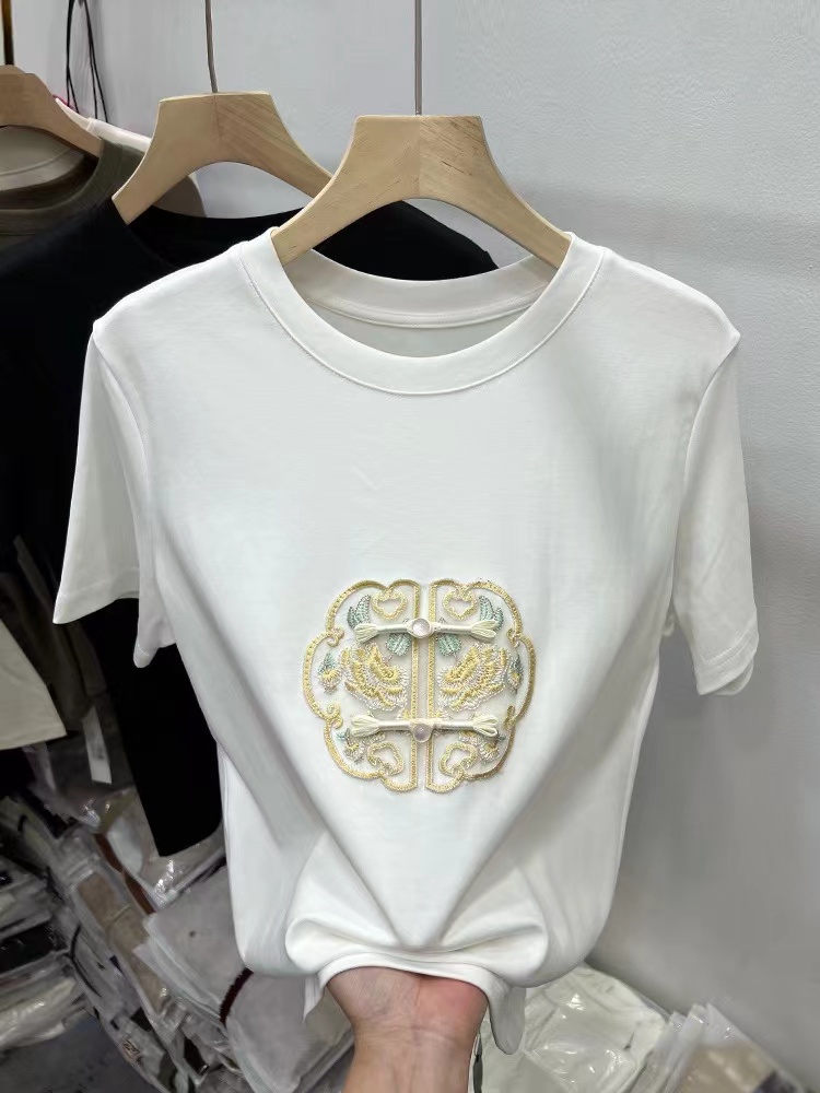國風刺繡盤扣裝飾短袖T恤女2024早春新款洋氣內搭打底衫體恤上衣