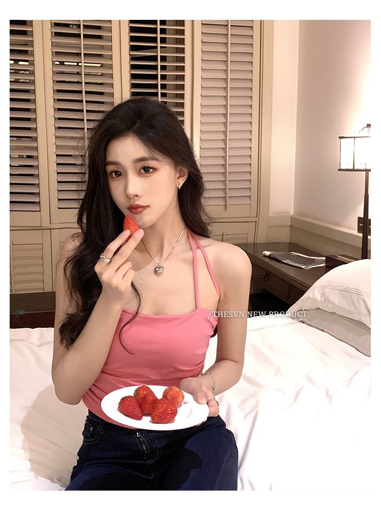 已出貨 純欲辣妹粉色掛脖吊帶背心女新款內搭外穿修身短款上衣