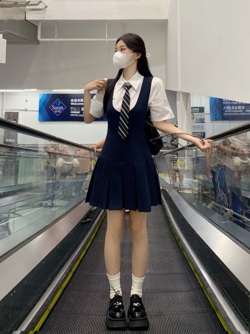 大碼女裝減齡學院風連衣裙帶安全褲夏季襯衣馬甲顯瘦百褶裙套裝
