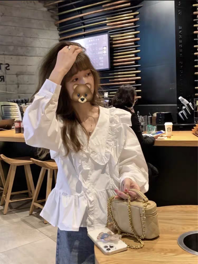 春裝新款娃娃領木耳邊襯衫女設計感法式小眾別致上衣女短款娃娃衫