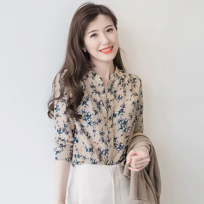 新款蝴蝶結碎花雪紡襯衫女設計感小眾上衣打底衫女春秋季