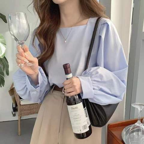 襯衫女復古港味設計感小眾法式方領泡泡袖寬鬆慵懶長袖上衣