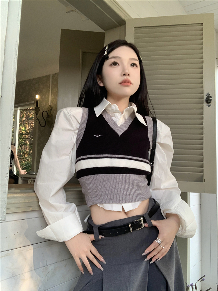 實拍~學院風小個子襯衫馬甲疊穿制服+高級灰色百褶裙三件套
