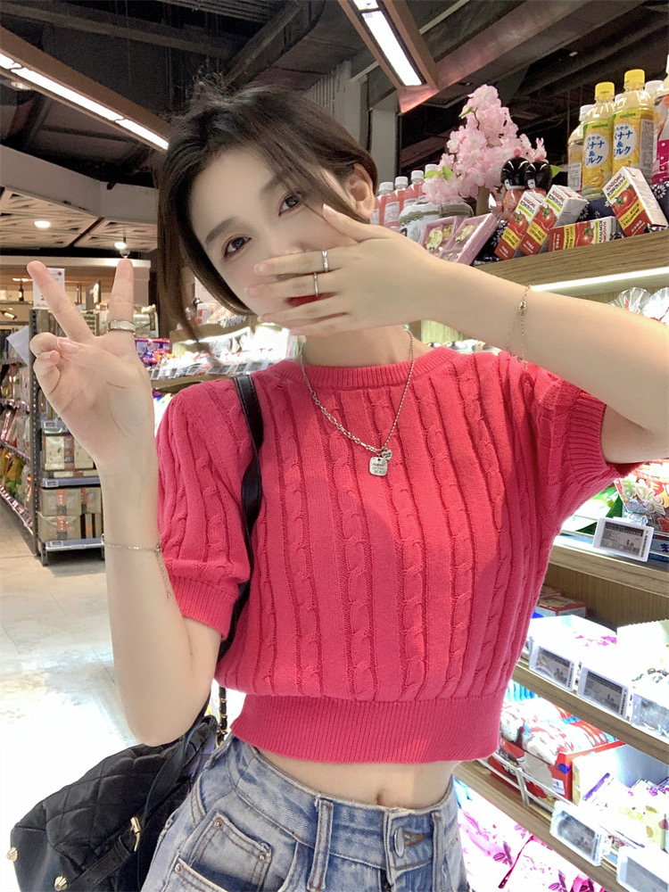 蝴蝶結短袖針織衫女夏季修身顯瘦設計感小眾辣妹純欲鏤空短款上衣
