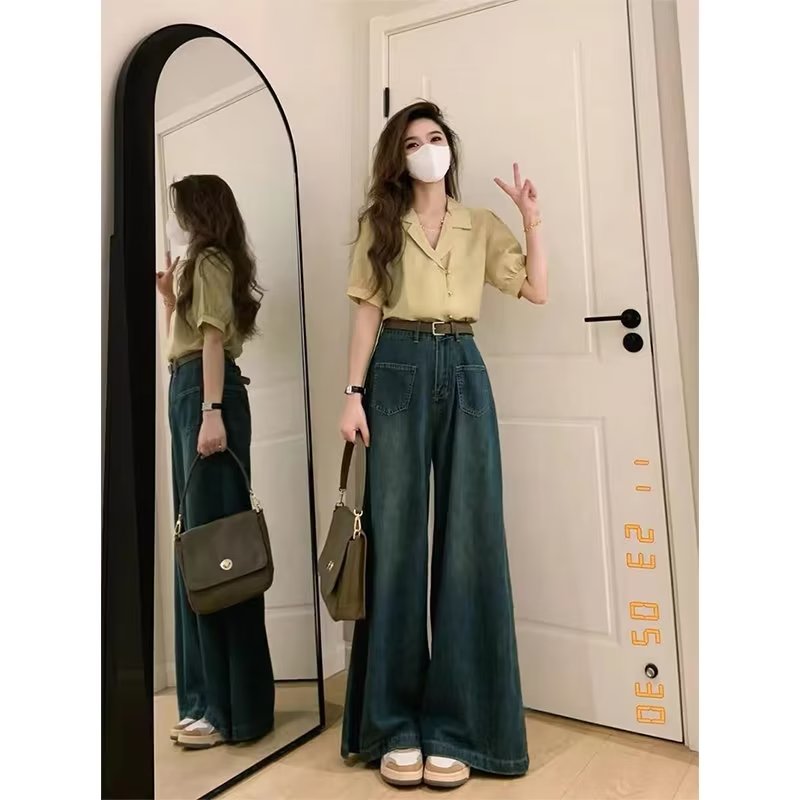 大碼闊腿牛仔褲女春秋款高腰寬鬆直筒褲小個子復古藍拖地褲女