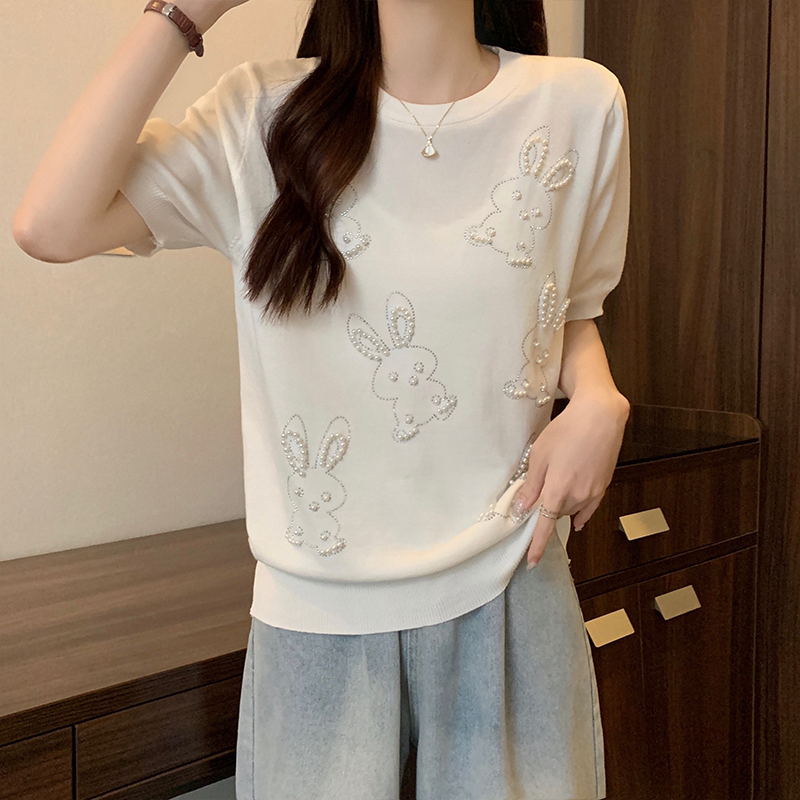 實拍大碼女裝2024夏季新款設計感重工釘珠寬鬆針織衫短袖T恤上衣