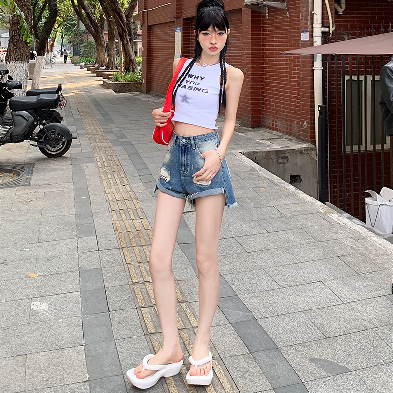實拍~2024春夏韓版純欲高腰毛邊破洞辣妹超短褲設計感開叉牛仔褲