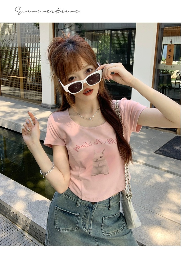 甜美bm風純欲短款魚骨弧形兔子印花U領短袖T恤女上衣夏季圓領