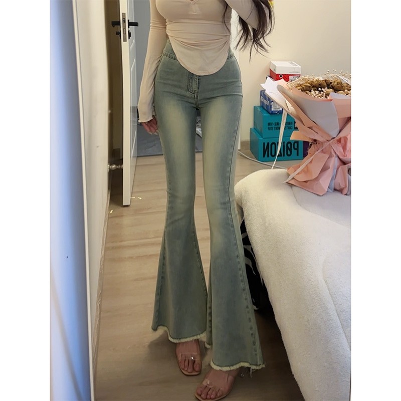 美式復古毛邊微喇叭牛仔褲女春秋新款淺色高腰顯瘦垂感拖地馬蹄褲