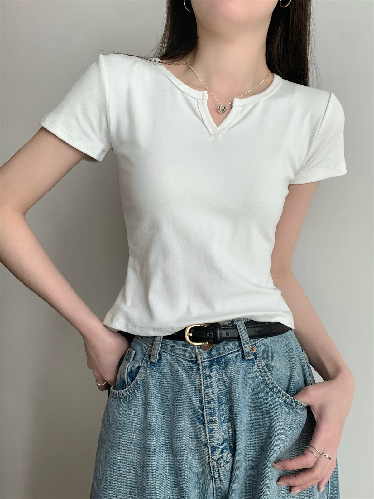 實拍 春夏韓版純色半開領簡約百搭短款純棉短袖T恤上衣女
