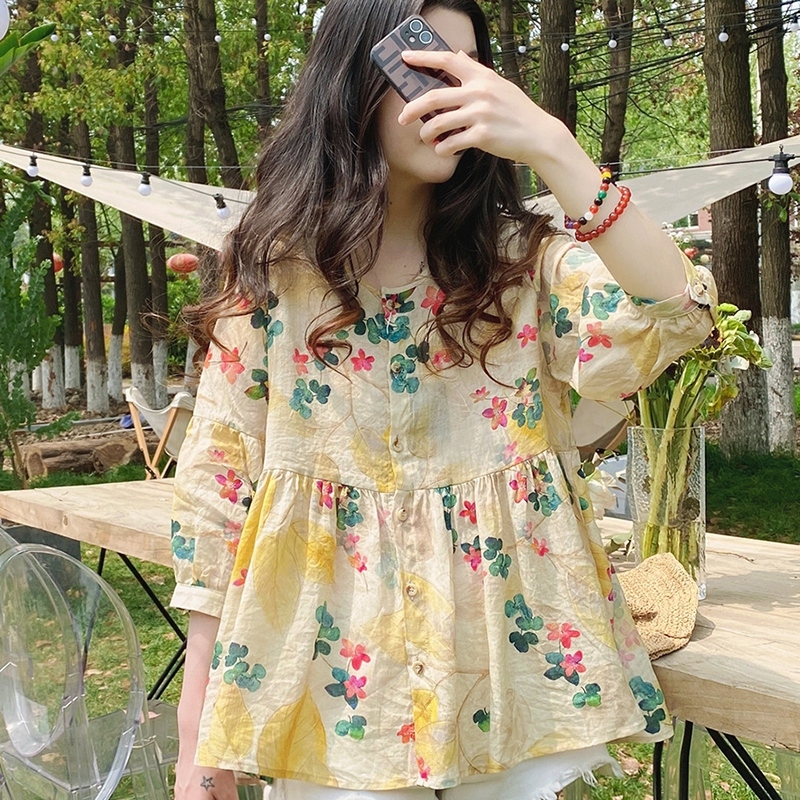 甜美超仙娃娃衫上衣女寬鬆韓版洋氣碎花高端苧麻蓬蓬小衫中袖襯衫