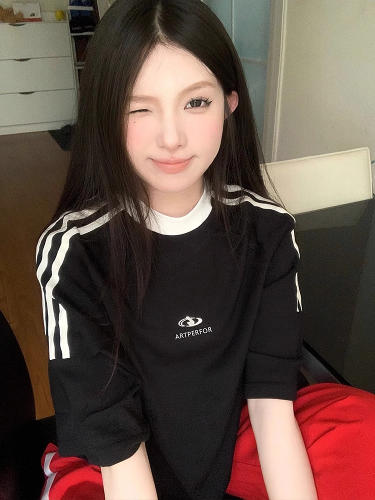 官圖  220克100%棉三條槓 2024年新款夏裝短袖T恤女
