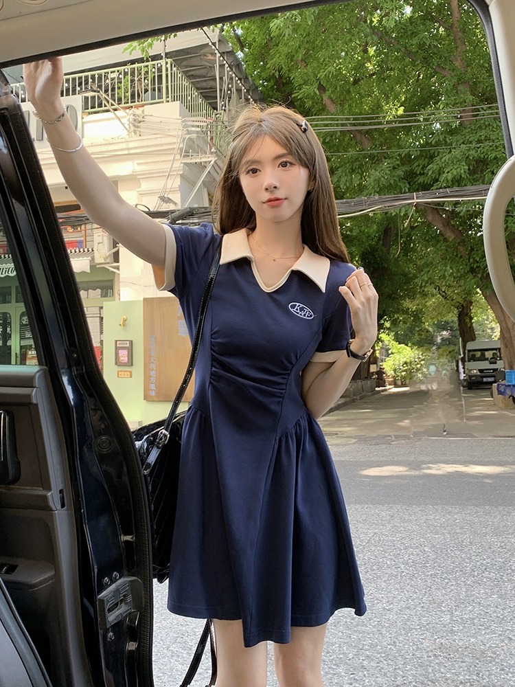 大碼短袖polo領連衣裙女夏季新款胖mm收腰A字顯瘦遮肚裙子長裙
