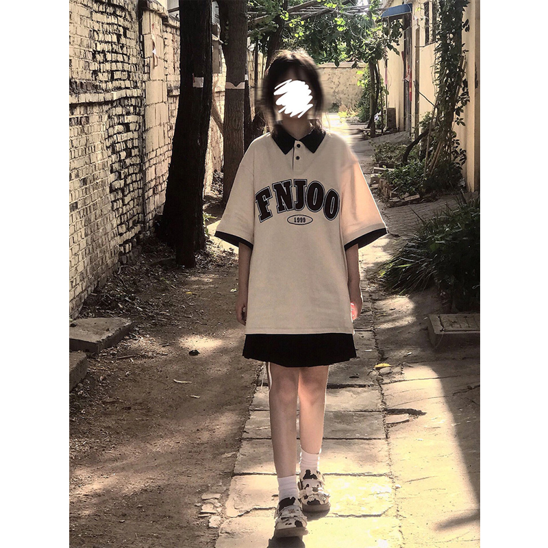 官圖200克純棉美式復古撞色polo衫短袖t恤女夏季寬鬆翻領短袖
