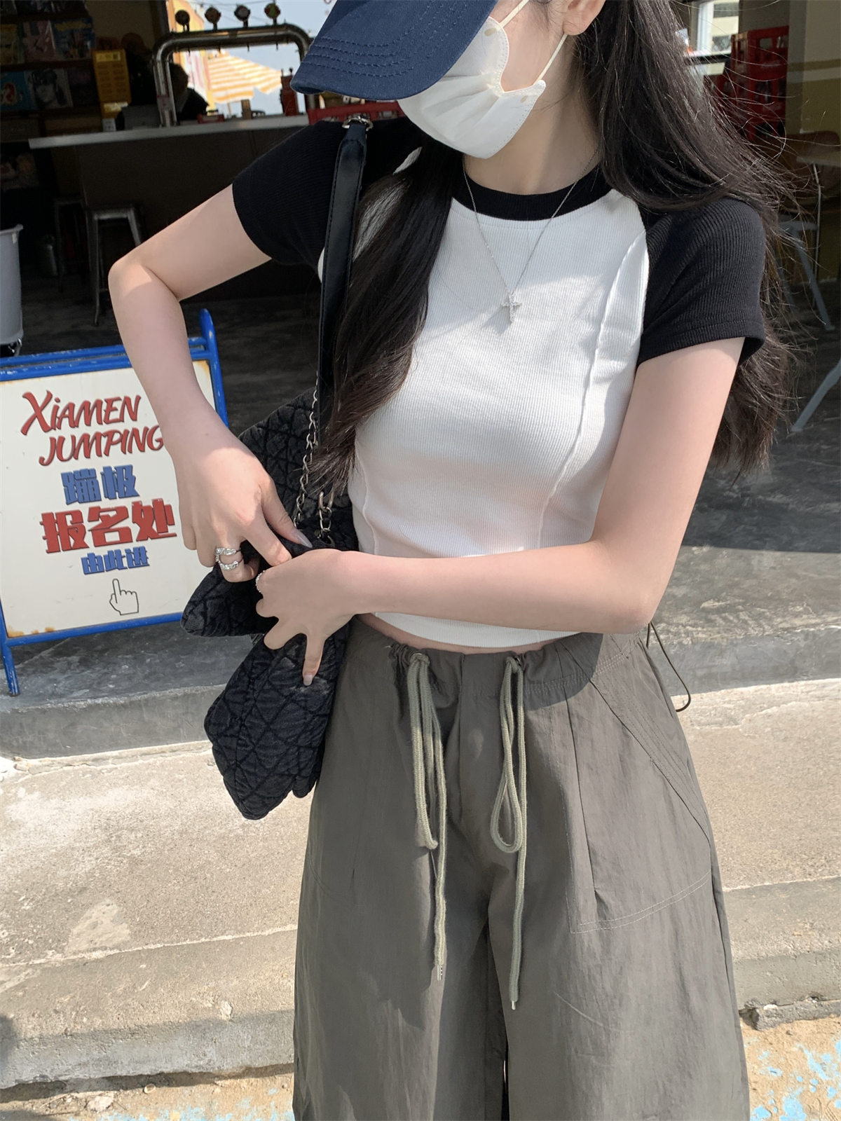 實拍 春夏韓版插肩撞色魚骨辣妹設計感純棉短袖T恤女上衣