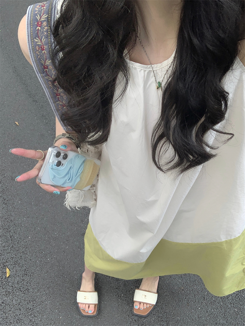 實拍#無袖撞色圓領連衣裙不規則拼接中長款無袖中長裙