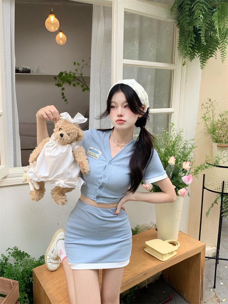 實拍~純欲短袖開衫上衣A字短裙兩件套女夏季新款辣妹套裝