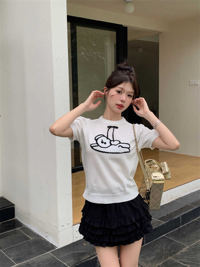 實拍 春夏新款韓版溫柔風甜美印花蝴蝶結針織衫短袖T恤上衣女