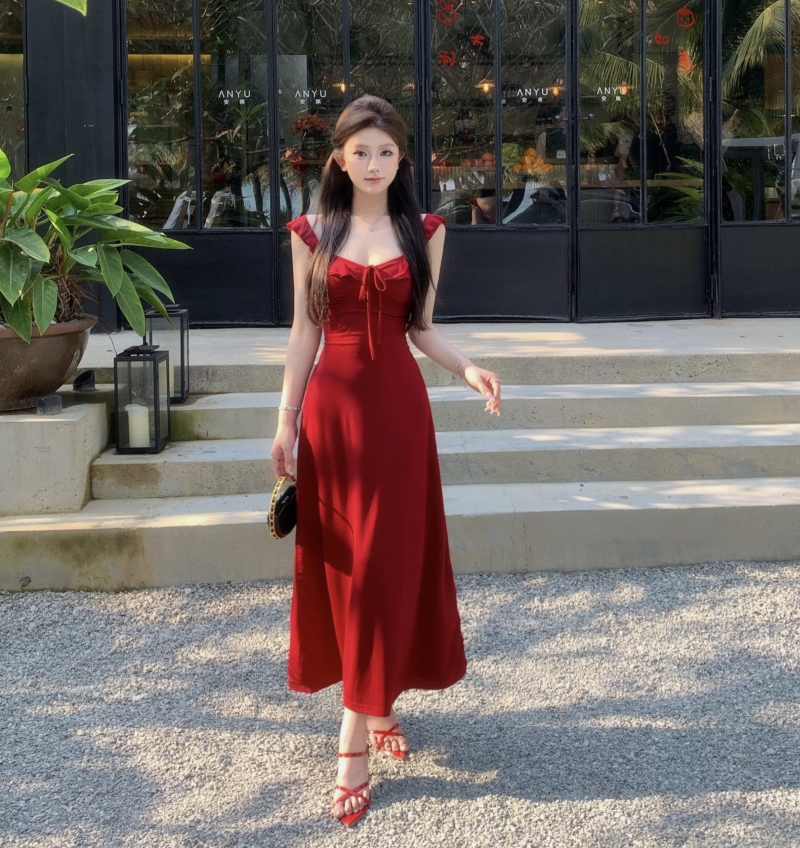 實拍 紅白玫瑰 啞光彈力針織綁帶掐出細腰修身連衣裙女