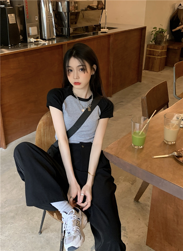 韓系簡約撞色修身辣妹T恤短款夏季新款上衣女ins
