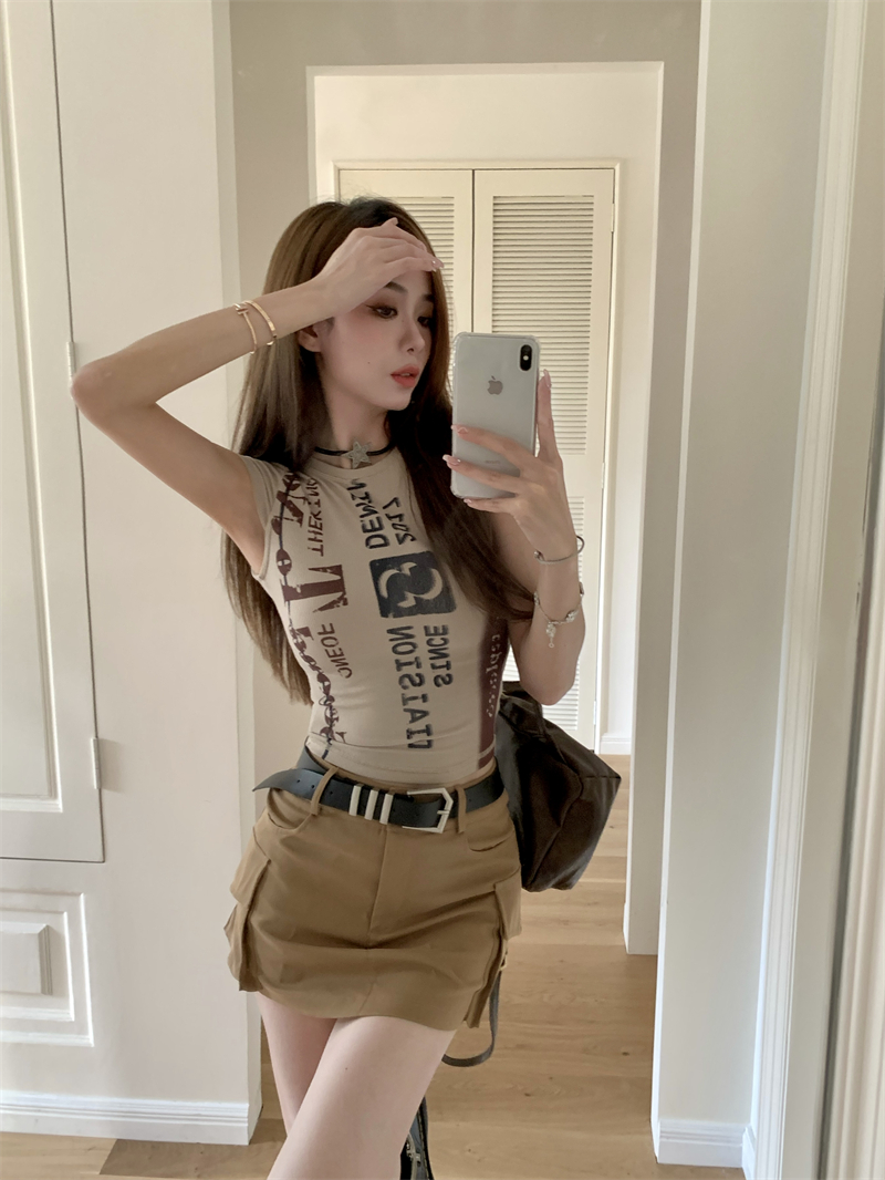 實拍~復古辣妹滿印緊身修身純欲性感短款顯瘦短袖T恤女