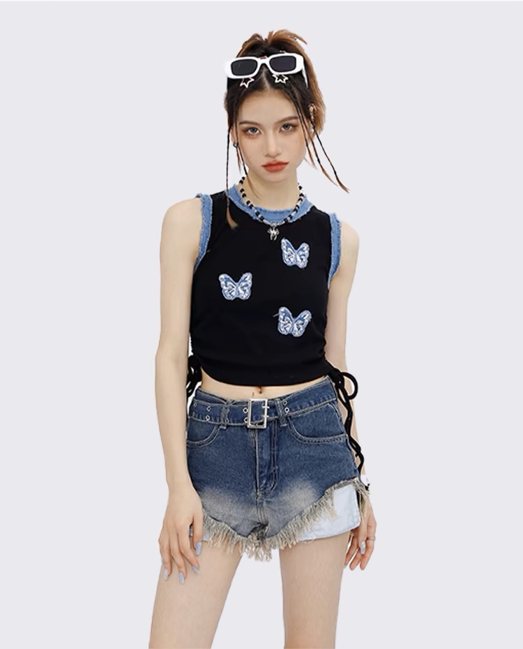 2024美式復古蝴蝶牛仔貼布吊帶背心女夏季新款辣妹小眾設計感背心