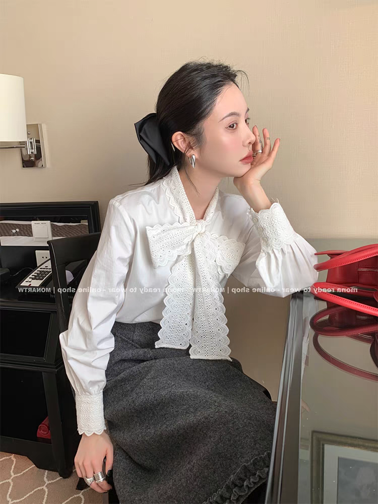 法式溫柔花邊白色襯衫女春秋季疊穿內搭打底上衣別致蝴蝶結襯衣冬