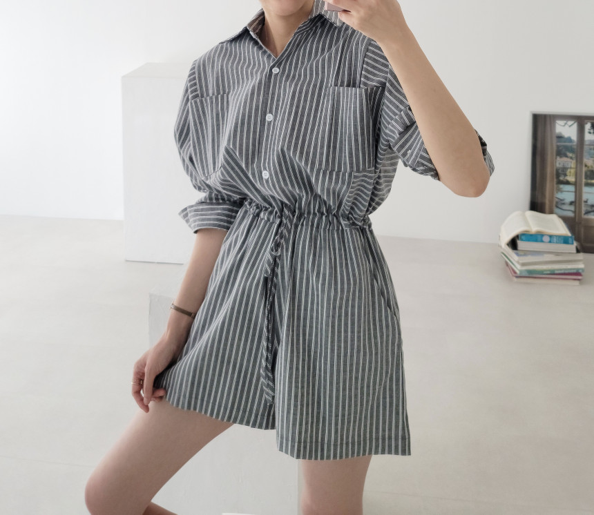 The size has been updated chic Korean spring new style casual temperament versatile striped drawstring jumpsuit