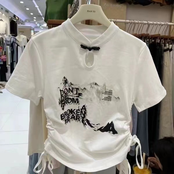 復古優雅氣質辣妹抽繩短袖T恤女夏裝2024新款新中式別致小眾上衣