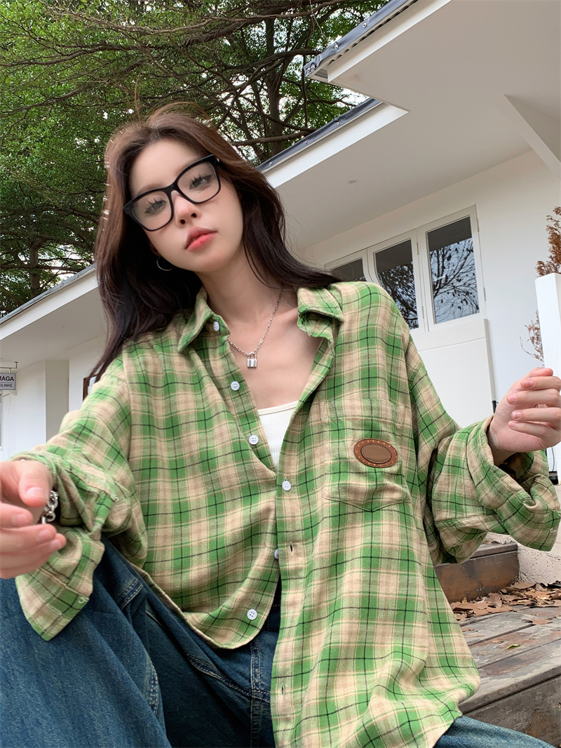 綠色格子襯衫外套女小眾設計感上衣寬鬆百搭小衫早秋