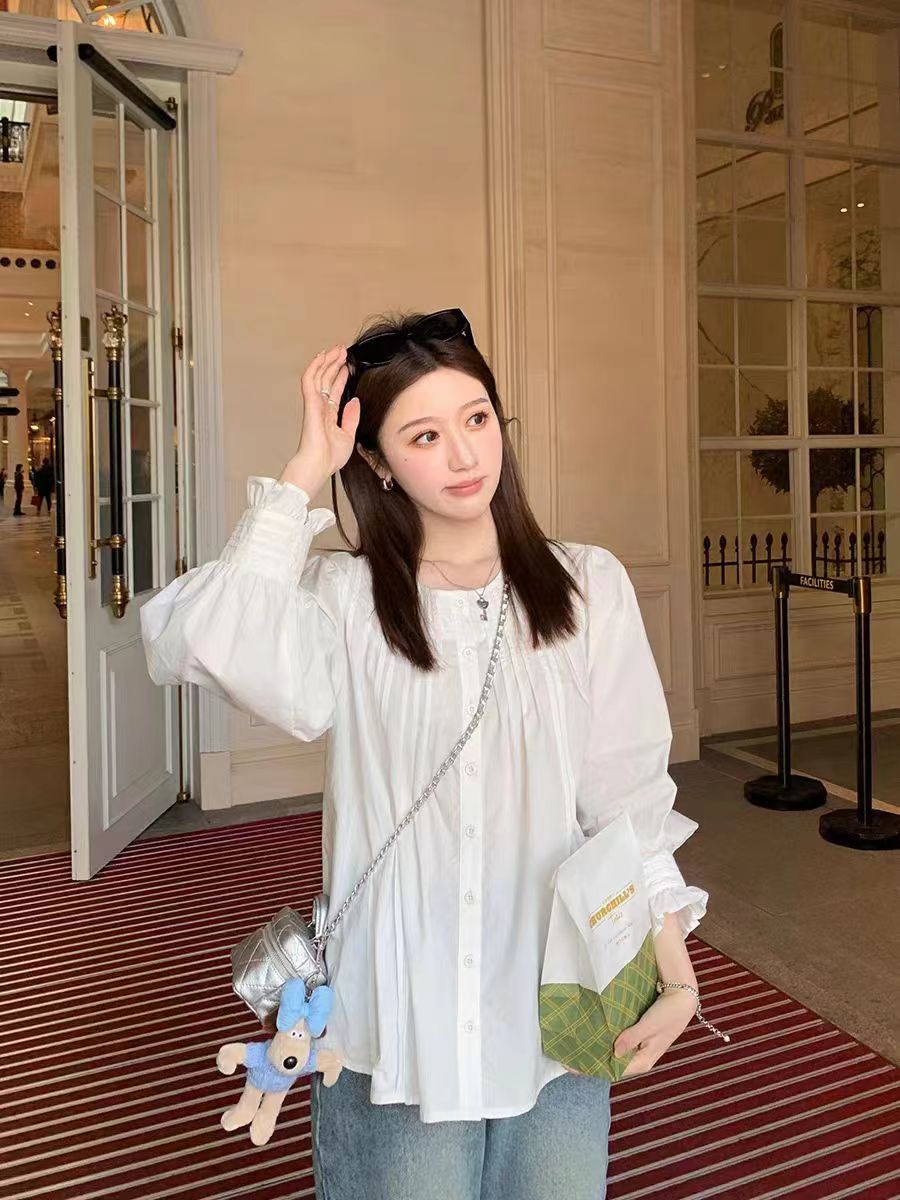 楊楊YANGRUOYU 1/20 茉莉小調氣質圓領打條襯衫泡泡袖襯衣女