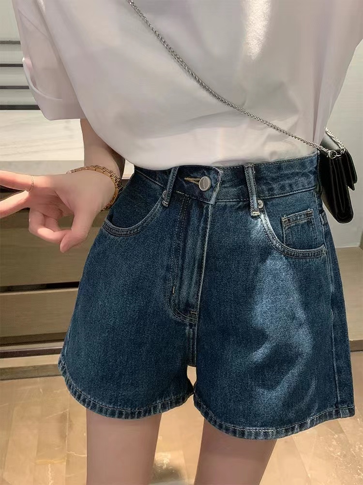 小羽家牛仔短褲女夏款寬鬆闊腿褲高腰薄款復古藍A字熱褲