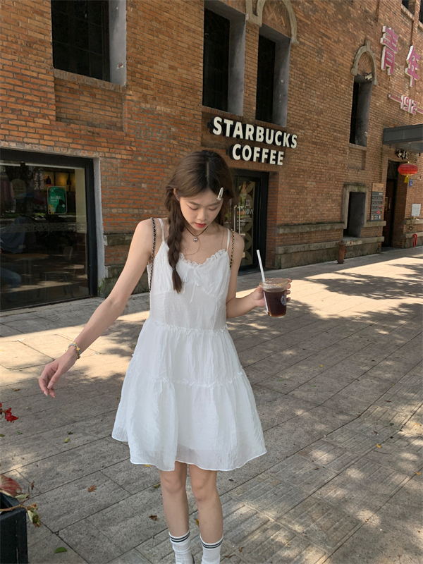 實拍白月光純欲白色花邊蕾絲吊帶連衣裙短款裙子女