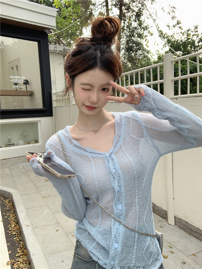 Real shot Spring and summer new style hollow long-sleeved knitted cardigan women's sun protection top