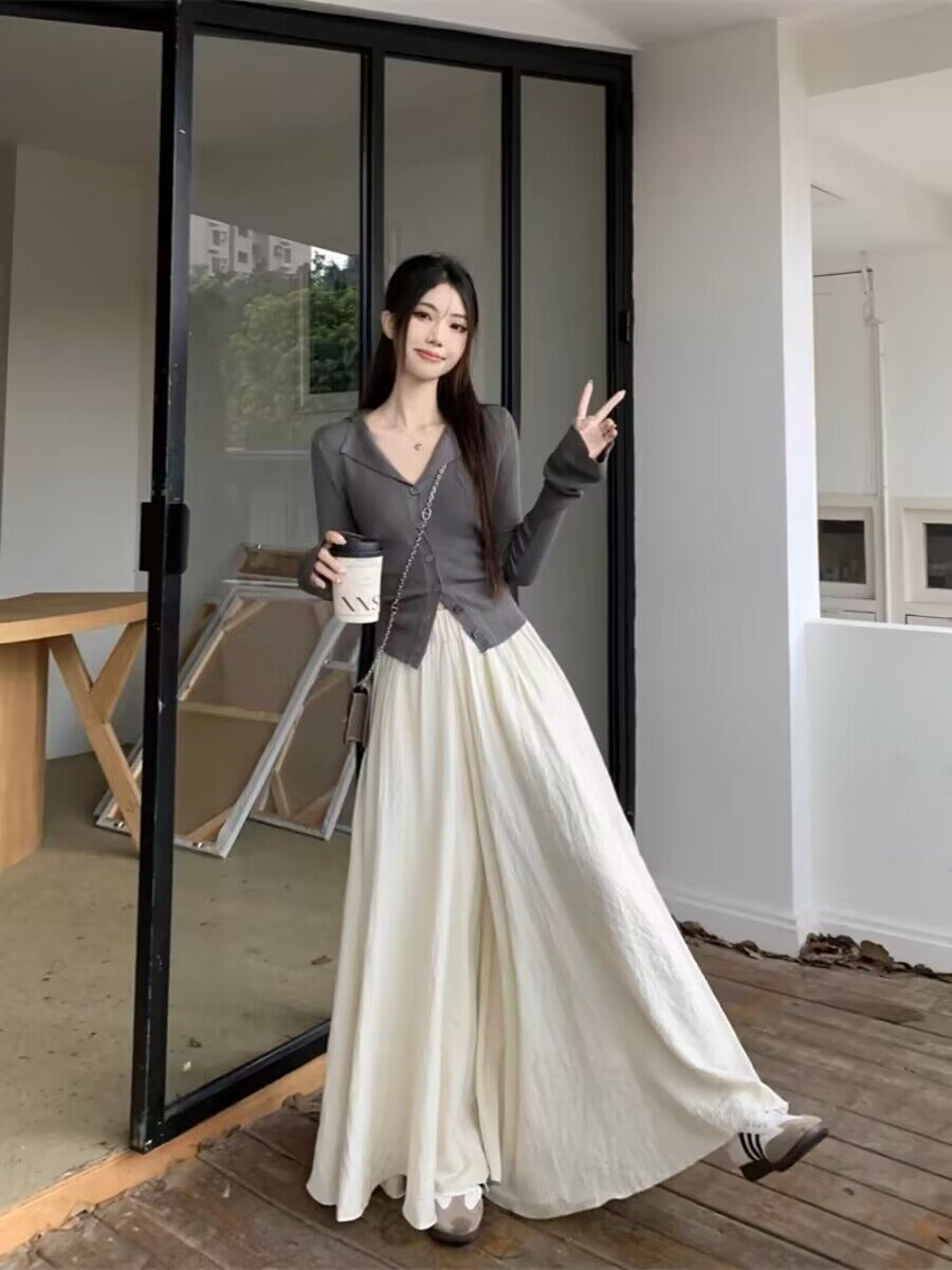 早春季溫柔風套裝長袖翻領針織開衫女春季鬆緊腰闊腿裙褲兩件套