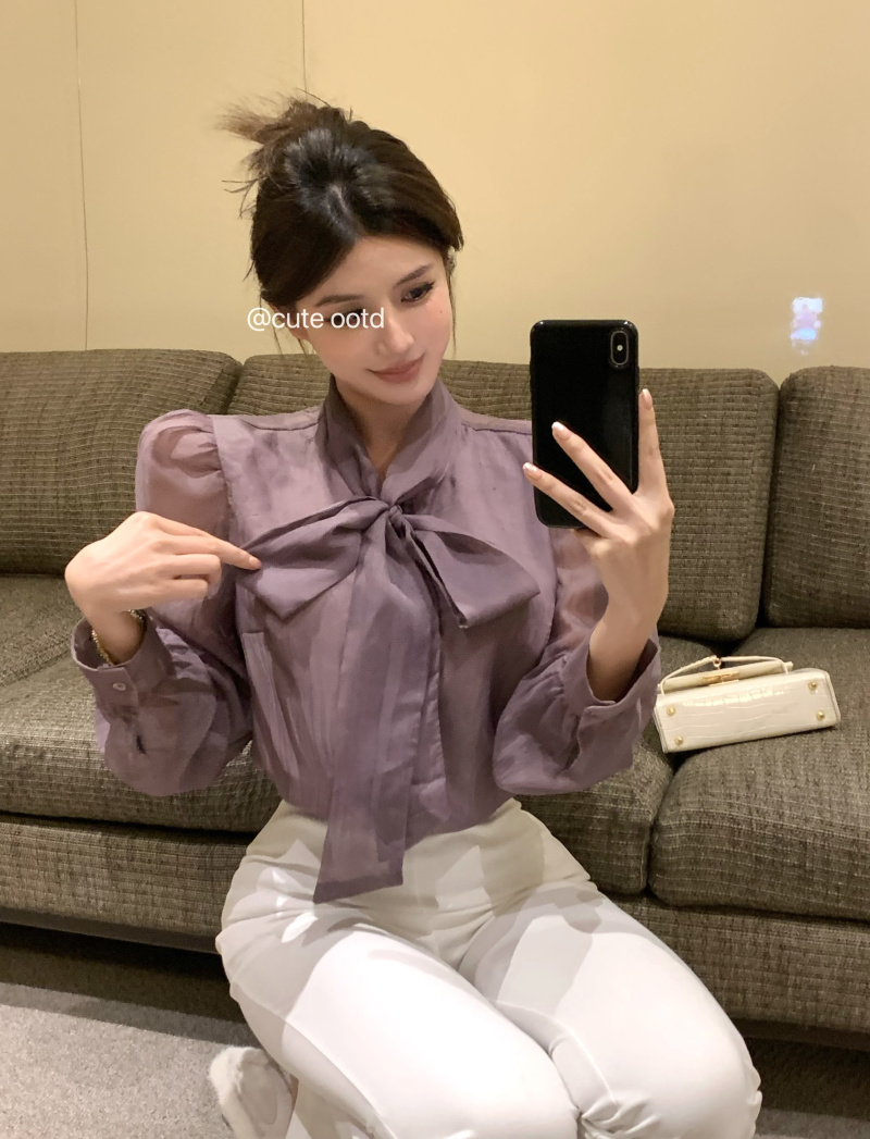 實拍~蝴蝶結系帶襯衫設計感小眾長袖襯衣法式復古上衣