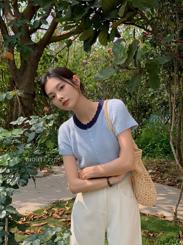 淺綠色甜美圓領波浪邊針織短袖女春夏設計感拼色開衫短款t恤上衣