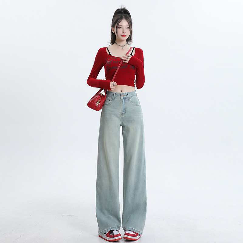 實拍~2024闊腿牛仔褲女新款窄版新中式國風重工刺繡高腰直筒