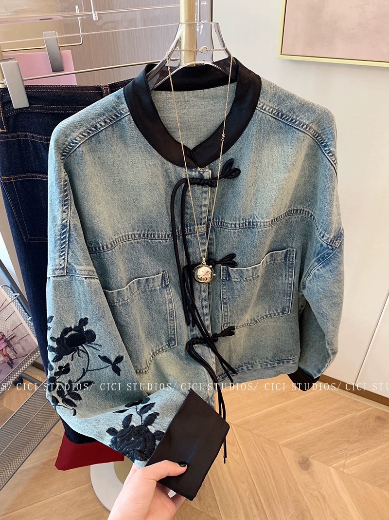 新中式做舊水洗刺繡盤扣牛仔外套女2024春季新款寬鬆百搭復古夾克