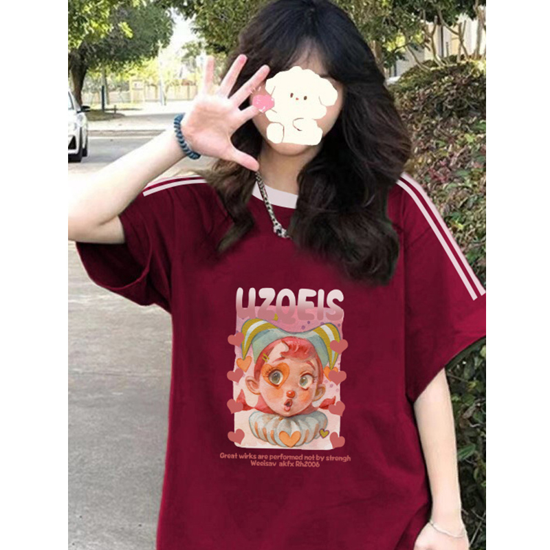 國潮牌撞色三條槓短袖t恤女夏季設計感小眾純棉寬鬆慵懶圓領上衣