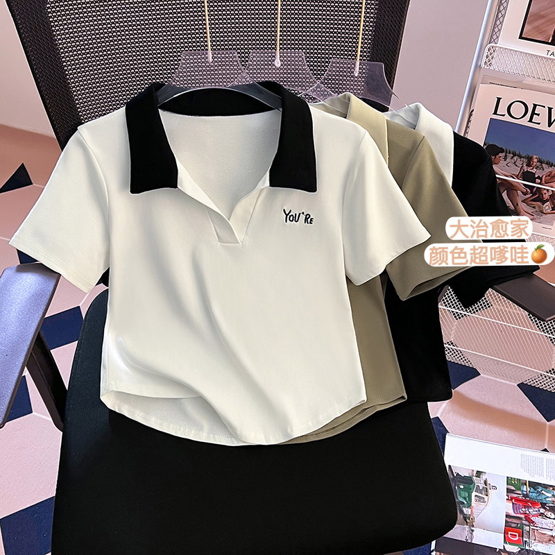 實拍2024夏季新款短款韓版正肩polo領設計感刺繡短袖女上衣T恤