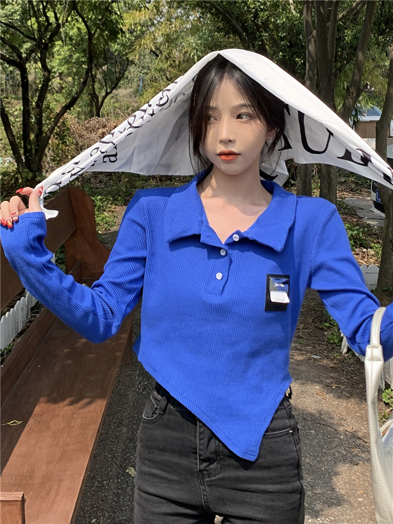 新款韓版設計感小眾百搭不規則polo領短款長袖上衣女實拍